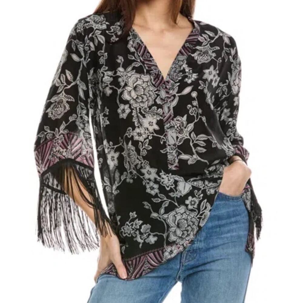 Johnny Was Edina Fringe Womens Shirt Blouse Size XS Black Floral Boho Hippie